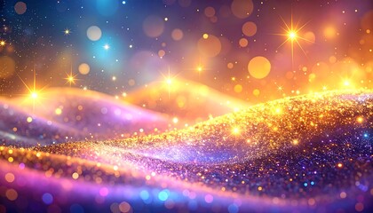 A vibrant, abstract digital artwork showcasing shimmering, golden waves with sparkling highlights against a gradient blue and orange background