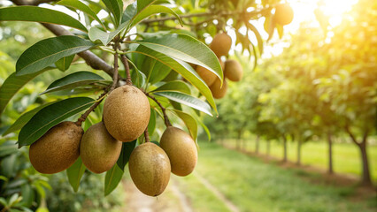 Sapodilla fruit hanging on tree in orchard, a tropical fruit with sweet taste and aroma, sapota plum, chikoo, growing in farm with bright sunlight