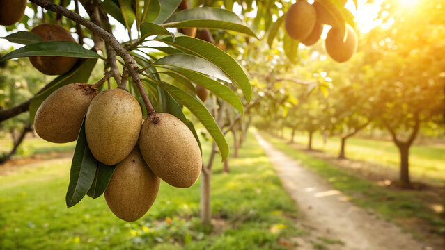 Sapodilla fruit hanging on tree in orchard, a tropical fruit with sweet taste and aroma, sapota plum, chikoo, growing in farm with sunlight