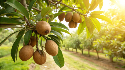 Obraz premium Sapodilla fruit on tree in garden with sunlight manilkara zapota is a longlived, evergreen tree native to southern mexico, central america and the caribbean