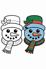 Obraz premium Two cartoon snowmen heads one outline one colored with green hat and striped scarf snowman winter