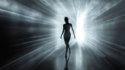 Hyperrealistic image of a blurred figure moving past a glowing light beam, symbolizing motion, speed, mystery, energy, and the ephemeral nature of human presence in dynamic environments.
