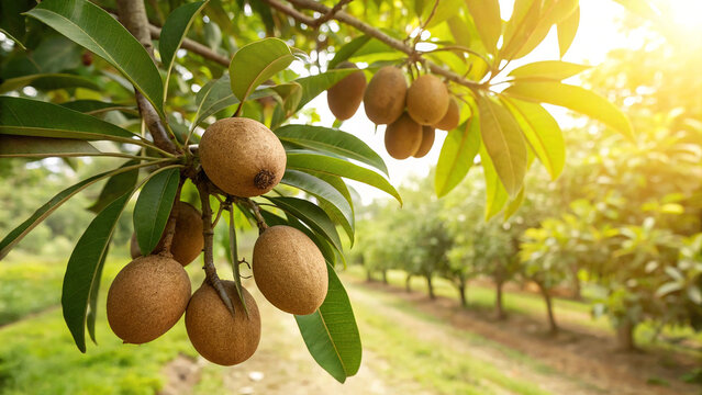 Sapodilla fruit on tree in garden with sunlight manilkara zapota is a longlived, evergreen tree native to southern mexico, central america and the caribbean