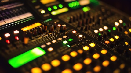 producer. Sleek music mixer with glowing controls under atmospheric club lighting and vibrant color accents. product launch decks.