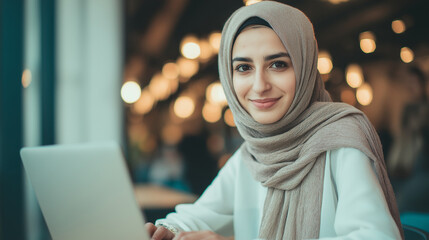 Portrait of a Young Muslim Woman in a Hijab Using a Laptop — Modern Education and Empowerment