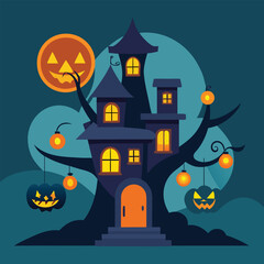 a spooky halloween haunted treehouse glowing with  (1).eps