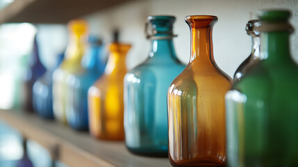 A vibrant row of glass bottles, each a unique hue, graces a simple wooden shelf. The light dances through the glass, casting playful shadows. A colorful, vintage still life.
