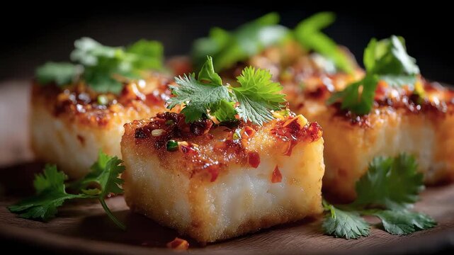 Close-up of Pan-Fried Cod with Coriander and Chili Sauce