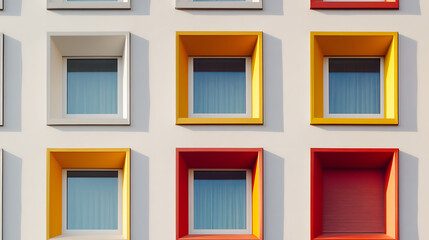 Fototapeta premium Colorful windows punctuate a stark white building facade, creating a playful, modern geometric pattern with clean lines and shadows that highlight the recessed window frames.