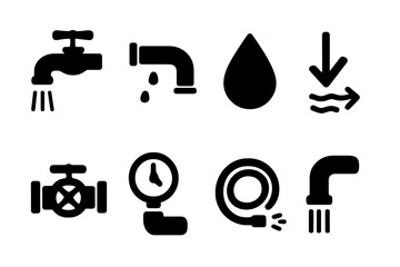 Water Flow Icons. Water flow. Filled icon set of Water flow: faucet, pipe, water droplet, flow arrow, valve,