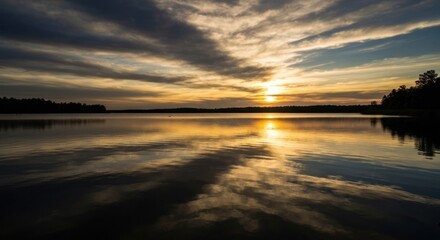 Obraz premium Serene sunset over a still lake, reflecting a dramatic sky