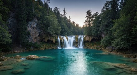 Serene waterfall cascading into a turquoise pool, surrounded by lush forest