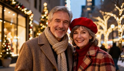 Obraz premium Cheerful couple in cozy winter attire amid festive city lights and holiday charm.