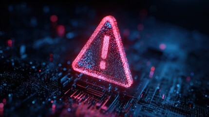 Glowing warning sign on circuit board with digital particles