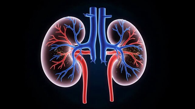 Digital Holographic Kidney Anatomy with Glowing Arteries and Veins in a Dark Background for Medical Education, Health Blogs, Research Presentations, and Digital Media Content