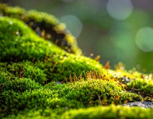 Close-up of lush, vibrant green moss with light bokeh background