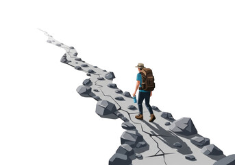 Lone hiker stands on a rocky mountain path isolated on transparent background