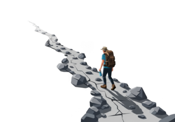 Lone hiker stands on a rocky mountain path isolated on transparent background