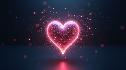 Wireframe Heart Glowing with Particles on a Dark Background for Love Celebration