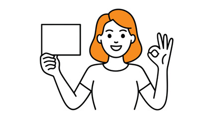Woman with orange hair holding blank sign and showing ok hand gesture empty sign holding sign