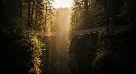 Sunlight streams through a dense forest, illuminating a suspension bridge across a deep gorge