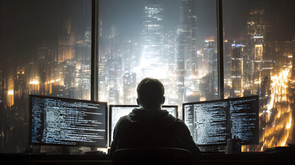 Programmer working on multiple screens monitoring code at night