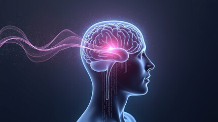 Obraz premium Brain Activity Visualization with Glowing Wave and Binary Code