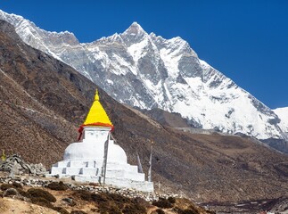 Stupa prayer flags Dingboche village mount Lhotse