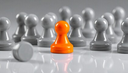 Orange pawn standing among gray pawns, one fallen, reflective surface.