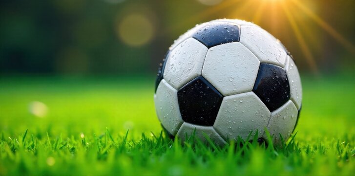 Abstract soccer ball patterns in nature, close up, vibrant colors, geometric shapes Close up macro photography of a soccer ball pattern with dew drops clinging to the hexagonal and pentagonal panels.