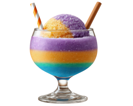 Refreshing colorful shaved ice dessert in glass. delicious cold sweet food treat perfect for summer. Frozen ice drink with purple, orange and blue layers