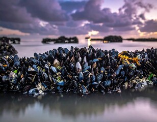 Clump of shellfish on a concrete structure against the setting sun