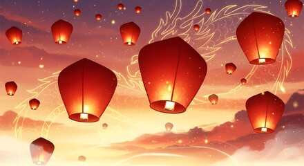 Obraz premium Red Sky Lanterns and Dragon Silhouette at Dusk