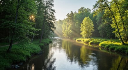 Sunlit river flowing through a lush forest at dawn