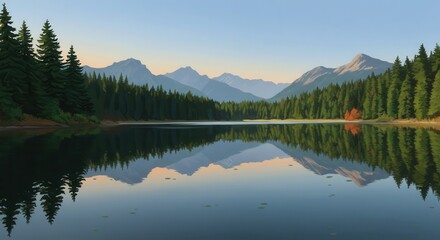 Fototapeta premium Tranquil mountain lake reflects evergreen forest and distant peaks.