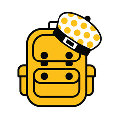 Yellow backpack with white and yellow polka dot beret on white background vector