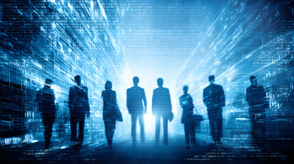 Business people walking through a digital data tunnel