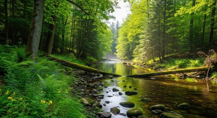 Obraz premium Serene stream flows through a lush forest with ferns, rocks, fallen logs, and vibrant green foliage