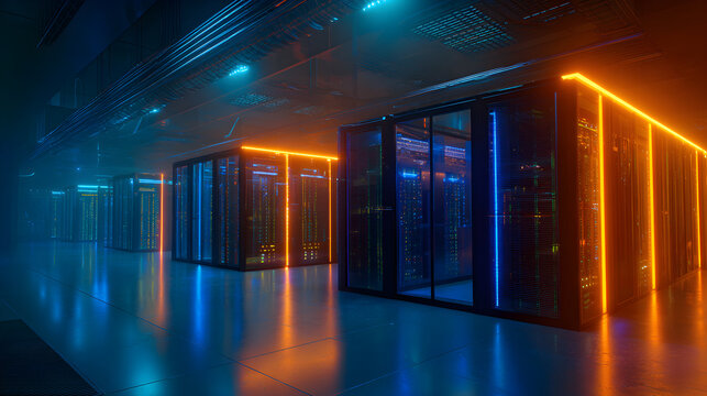 Data center racks storing digital information with neon lights