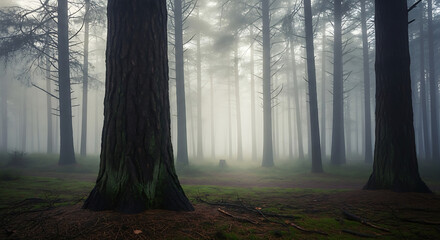 Ethereal Forest Scene with Sunlight Filtering Through Dense Fog