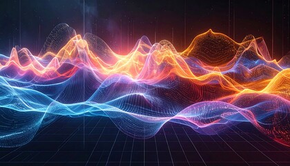 A vibrant digital illustration depicts layered, undulating lines of light, with gradients of blue, orange, and red, floating above a grid