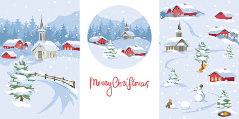 Traditional Christmas cards with a rural landscape. Freehand drawing, vector illustration in watercolor style.