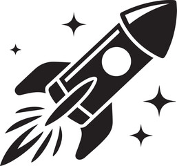 Retro rocket ship silhouette with stars and flames traveling through space