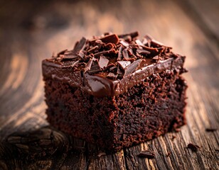 Close-up of rich, moist chocolate cake with dark chocolate shavings