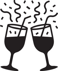 Celebration silhouette toasting glasses with confetti and streamers for new year's eve party