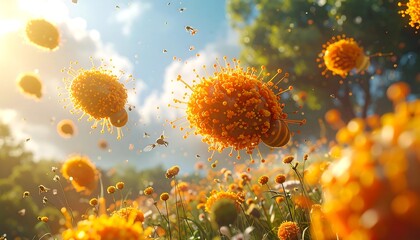 A vibrant field of blooming flowers with floating, stylized pollen particles, captured under a bright, sunny sky
