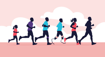 Diverse group of runners of all ages and abilities exercising together in silhouette against a pastel sky.