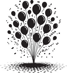 New year celebration balloons confetti and streamers bursting upwards silhouette design