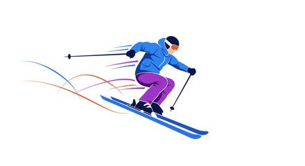Obraz premium A skier is seen racing down a snowy slope with vibrant streaks of color trailing behind them.