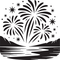 Festive new year fireworks silhouette over reflective water and hills celebration